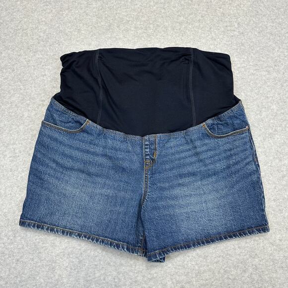 Isabel Maternity Midi Jean Short SZ 16 Medium Wash Denim Crossover Panel Stretch - Picture 1 of 11
